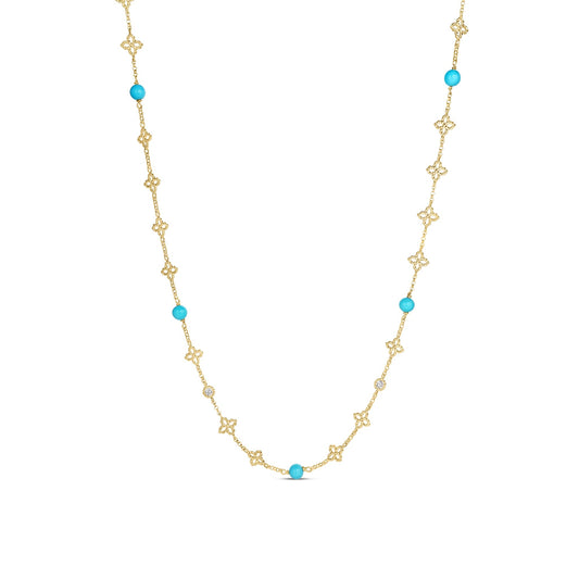 Roberto Coin Princess Flower 18K Yellow Gold Diamond Necklace featuring alternating flower-shaped links, round turquoise beads, and small diamonds.