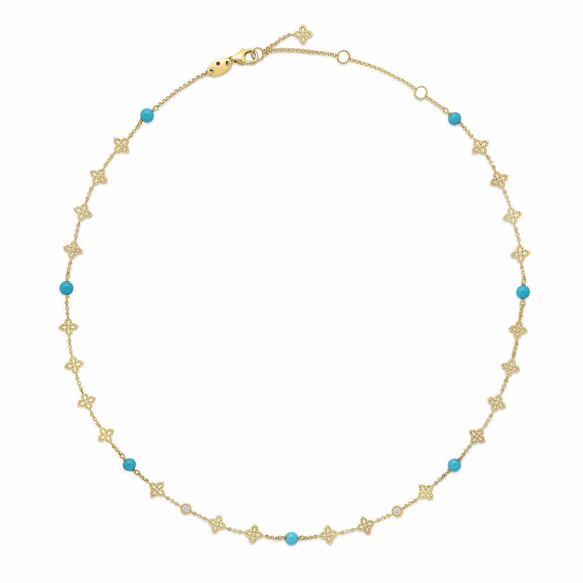 Roberto Coin Princess Flower 18K Yellow Gold Diamond Necklace featuring small, diamond-encrusted flower motifs alternating with round turquoise beads.