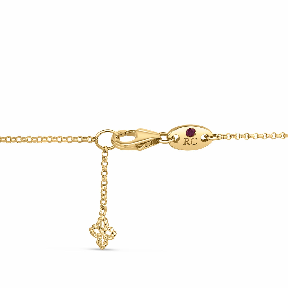 Roberto Coin Princess Flower 18K Yellow Gold Diamond Necklace clasp in 18K yellow gold, featuring an oval tag engraved with “RC” with an inset gemstone and a dangling flower-shaped charm.