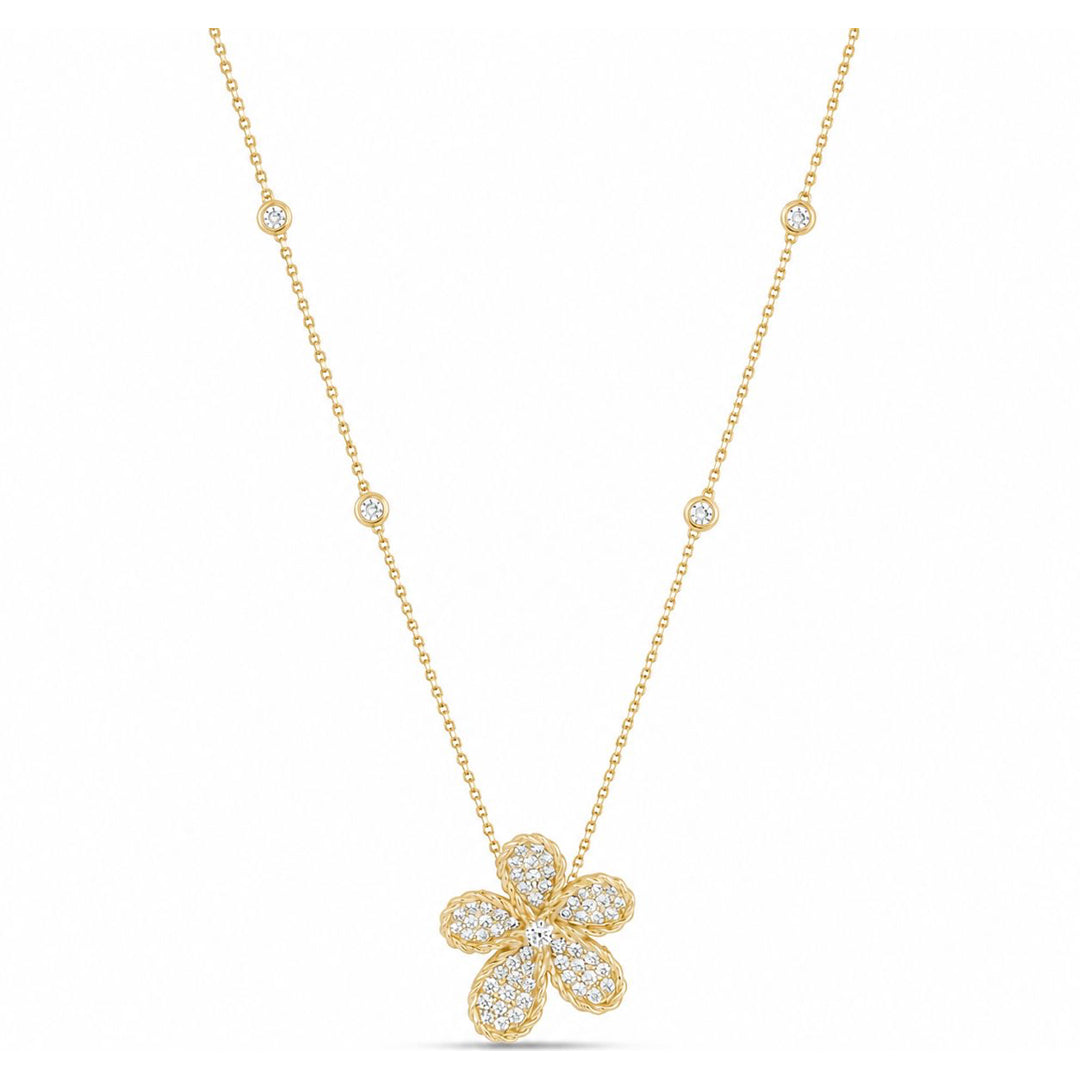 The Roberto Coin Jasmine 18K Yellow Gold Diamond Necklace Pendant features a flower-shaped pendant with 2.88 CTW SI1 G/H round brilliant diamonds and a chain adorned with diamond accents for added sparkle.