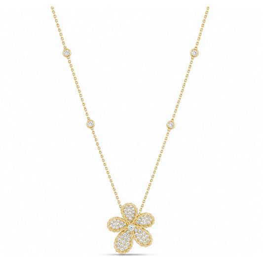 The Roberto Coin Jasmine 18K Yellow Gold Diamond Necklace Pendant features a flower-shaped pendant with 2.88 CTW SI1 G/H round brilliant diamonds and a chain adorned with diamond accents for added sparkle.