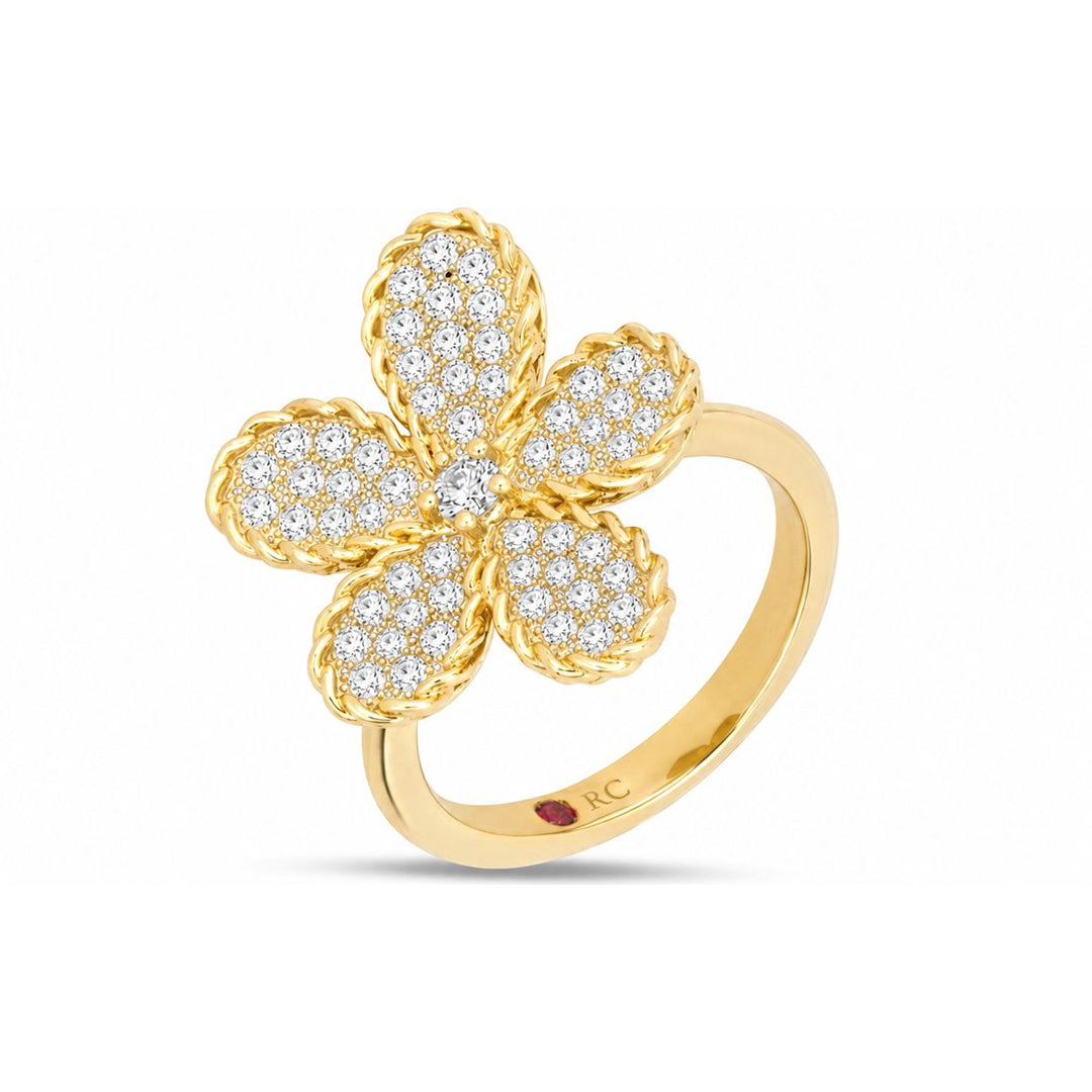 The Roberto Coin Jasmine 18K Yellow Gold Diamond Fashion Ring features a bold five-petal flower topped with SI1 G/H round brilliant diamonds (2.70 CTW) and a central diamond accent.