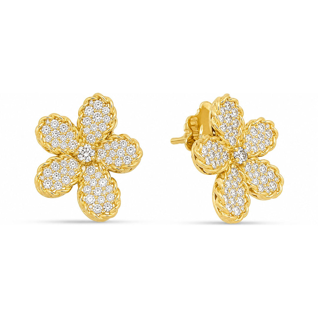 The Roberto Coin Jasmine 18K Yellow Gold Diamond Stud Earrings feature textured gold flower studs with five SI1 diamond-encrusted petals (2.25 CTW) and a central diamond, finished with post backings for an elegant look.