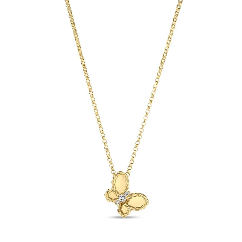 Roberto Coin Jasmine 18K Yellow Gold Diamond Flower Necklace featuring a textured butterfly pendant with three small diamonds at the center.