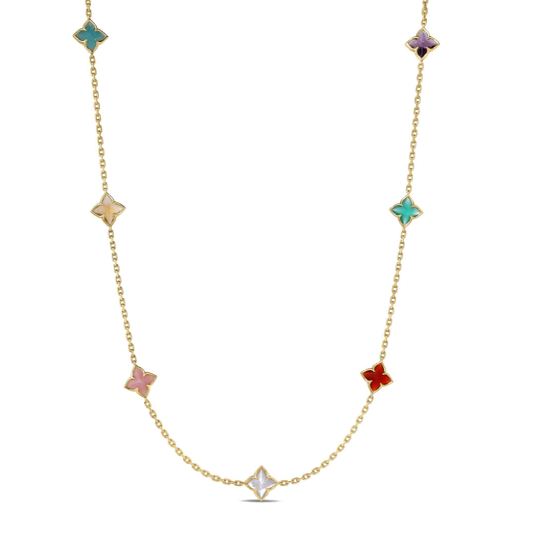 The Roberto Coin Venetian Princess Carnival Mixed Stones 18K Yellow Gold Flower Station Necklace features eight vibrant, four-petal floral charms on an elegant gold chain—an enchanting accessory for any occasion.