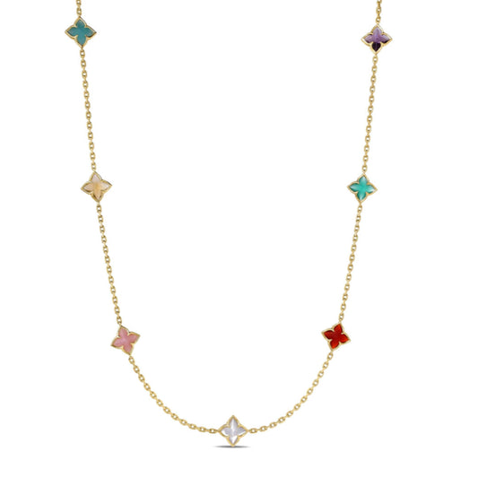 The Roberto Coin Venetian Princess Carnival Mixed Stones 18K Yellow Gold Flower Station Necklace features eight vibrant, four-petal floral charms on an elegant gold chain—an enchanting accessory for any occasion.