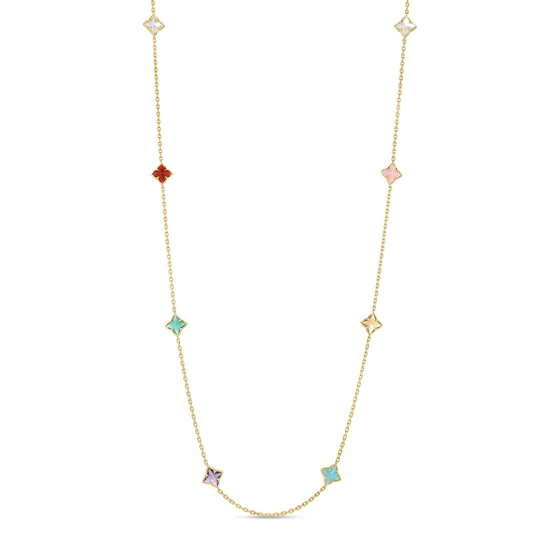 The Roberto Coin Venetian Princess Carnival Flower Station Necklace in 18K yellow gold features a delicate chain adorned with mixed colored gemstone flower charms, reflecting elegant red, pink, green, blue, purple, and clear tones.