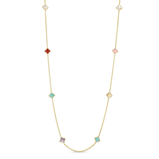 The Roberto Coin Venetian Princess Carnival Flower Station Necklace in 18K yellow gold features a delicate chain adorned with mixed colored gemstone flower charms, reflecting elegant red, pink, green, blue, purple, and clear tones.