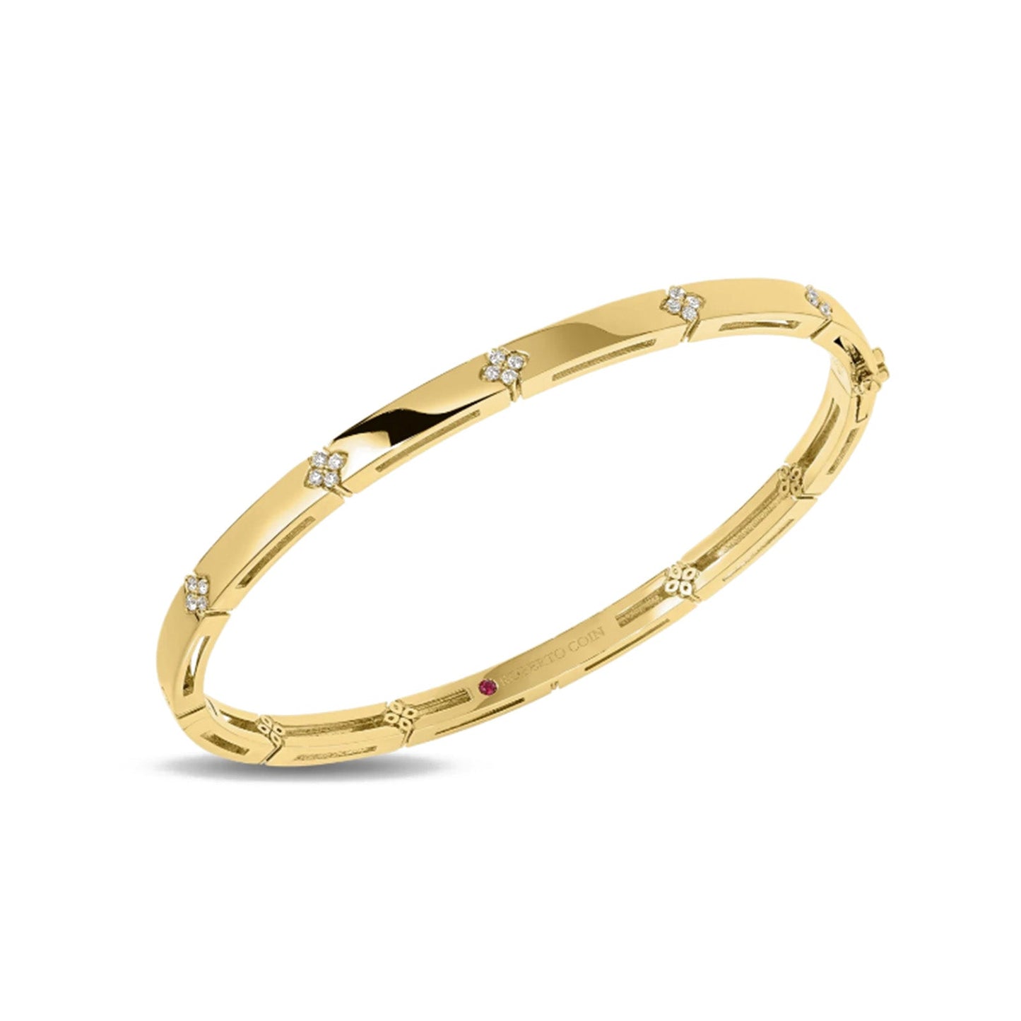 The Roberto Coin Love In Verona 18K Yellow Gold Diamond Accent Bangle features evenly spaced diamond accents and a smooth, elegant design inspired by the romance of Verona.