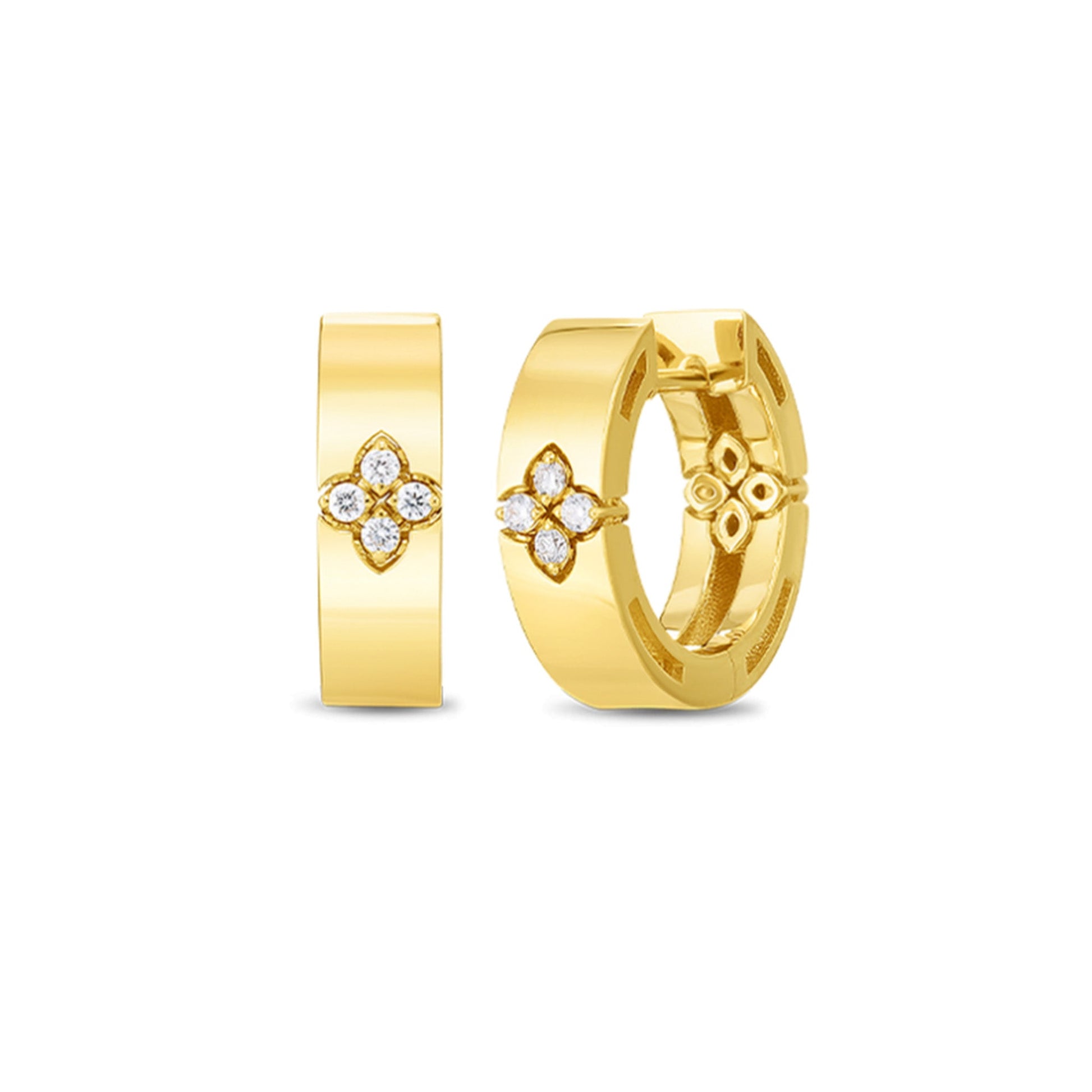 Roberto Coin Love In Verona 18K Yellow Gold Diamond Hoop Earrings showcase floral diamond accents on classic hoops, set against a white background.