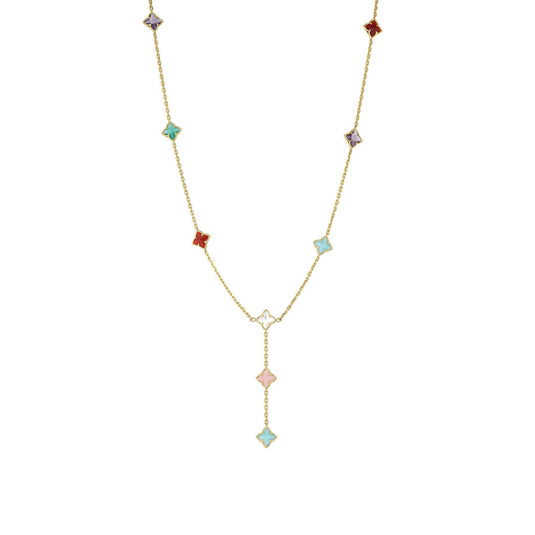 The Roberto Coin Venetian Princess Carnival Mixed Stones 18K Yellow Gold Flower Station Lariat Necklace features colorful gemstones and floral stations along its chain, finished with a central pendant and blue stone drop.