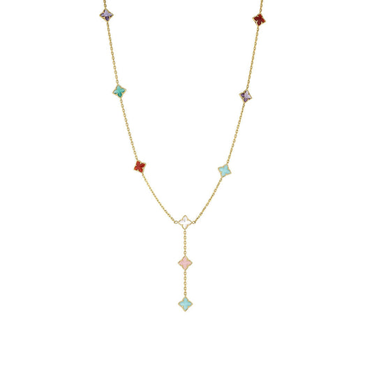 The Roberto Coin Venetian Princess Carnival Mixed Stones 18K Yellow Gold Flower Station Lariat Necklace features colorful gemstones and floral stations along its chain, finished with a central pendant and blue stone drop.