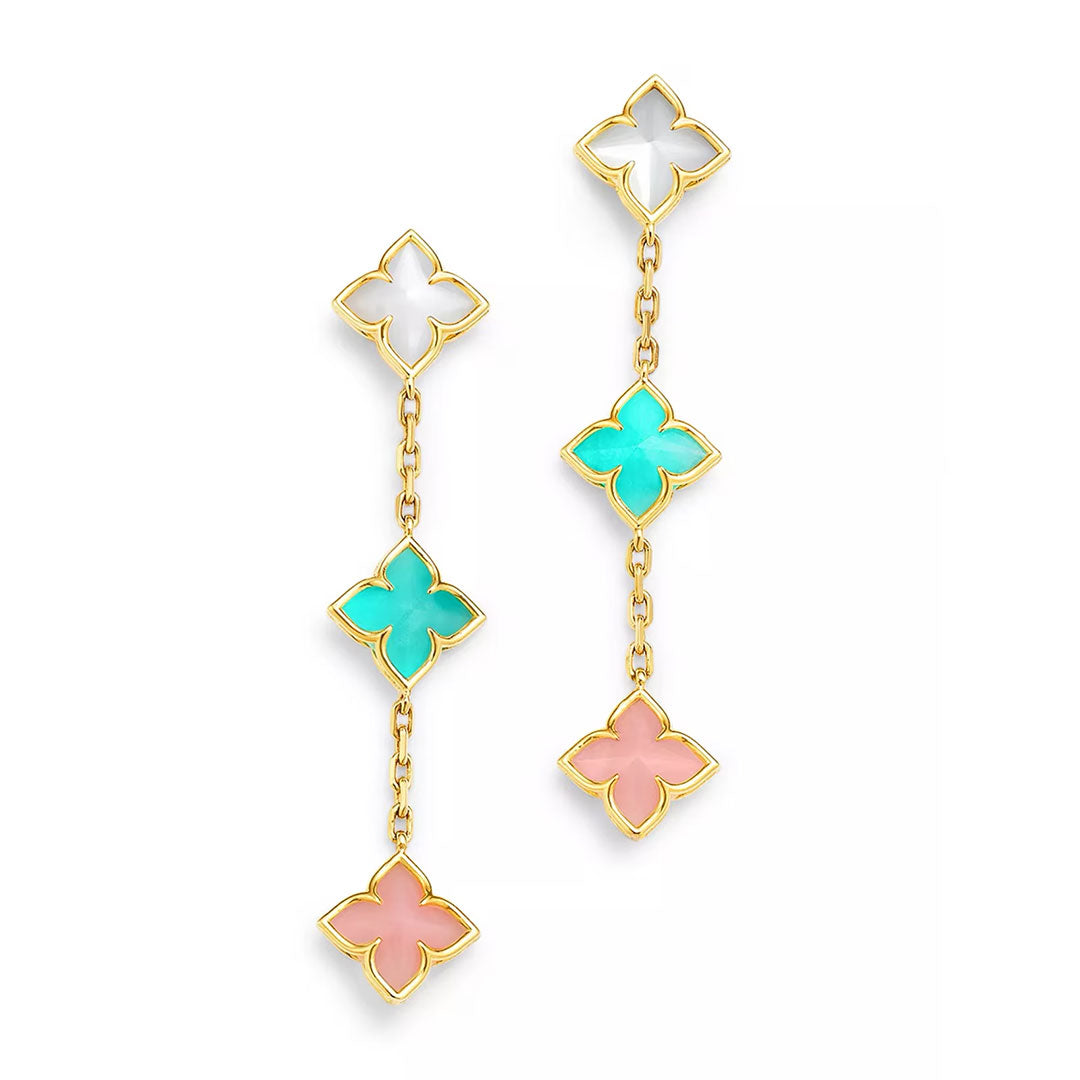 Roberto Coin Venetian Princess Carnival Mixed Stones 18K Yellow Gold Flower Dangle Earrings feature three vertically arranged flower-shaped charms in white, turquoise, and pink enamel, each outlined in gold for an elegant look.