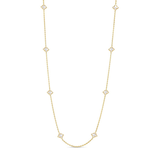 The Roberto Coin Venetian Princess Carnival 18K Yellow Gold Mother of Pearl Flower Station Necklace features delicate flower stations crafted from glowing mother of pearl, elegantly spaced along an 18K gold chain for a touch of timeless elegance.
