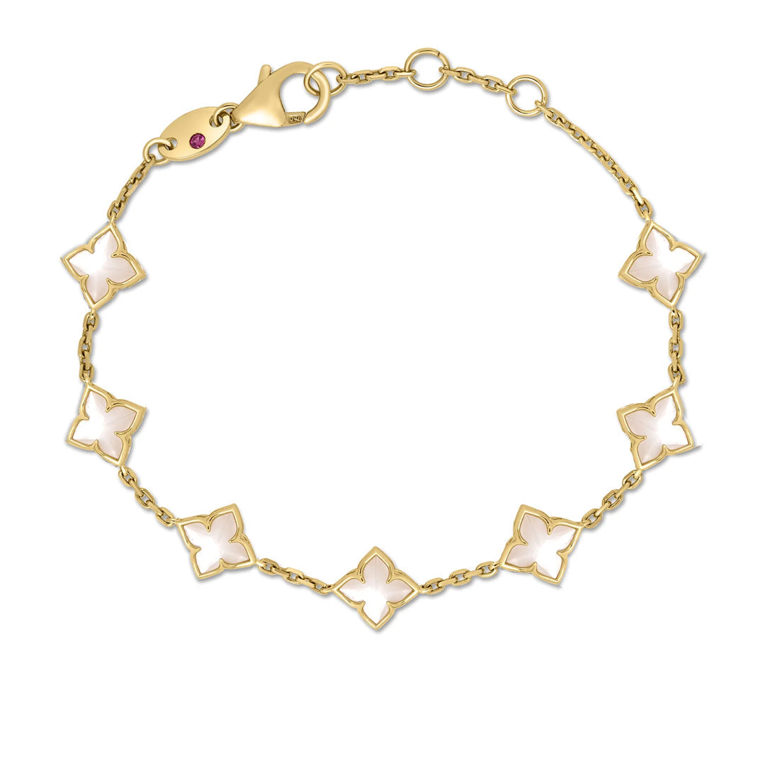 The Roberto Coin Venetian Princess Carnival 18K Yellow Gold Mother of Pearl Flower Station Bracelet features five white, mother-of-pearl flower-shaped motifs beautifully spaced along a fine gold chain, secured with a lobster clasp and reflecting the timeless elegance for which the brand is renowned.