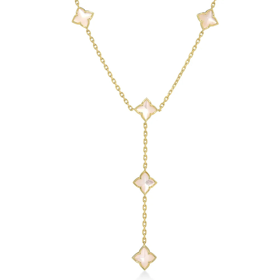 Elevate your style with the Roberto Coin Venetian Princess Carnival 18K Yellow Gold Mother of Pearl Flower Lariat Necklace, featuring five pink, clover-shaped mother of pearl flower pendants elegantly spaced along a gold chain, with one pendant showcased in a graceful drop design. Inspired by the Venetian Princess lariat, this necklace from Roberto Coin embodies simple elegance and the delicate charm of a floral motif.