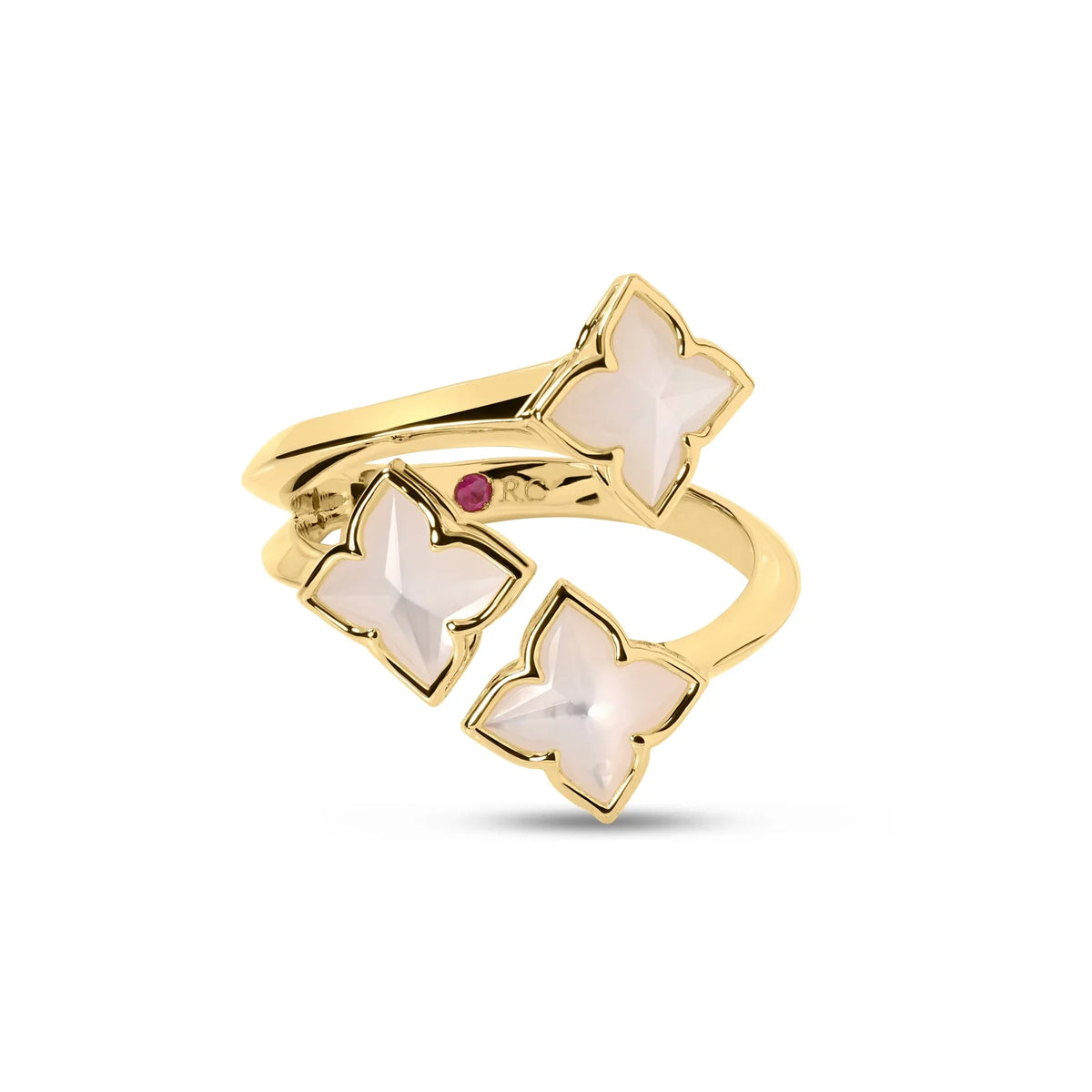 The Roberto Coin Venetian Princess Carnival ring showcases three overlapping, flower-shaped mother of pearl stones with gold outlines, elegantly set in an open 18K yellow gold band.