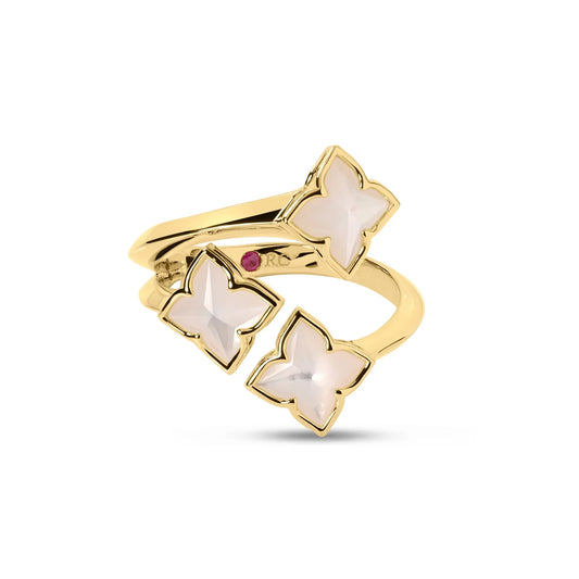 The Roberto Coin Venetian Princess Carnival ring showcases three overlapping, flower-shaped mother of pearl stones with gold outlines, elegantly set in an open 18K yellow gold band.