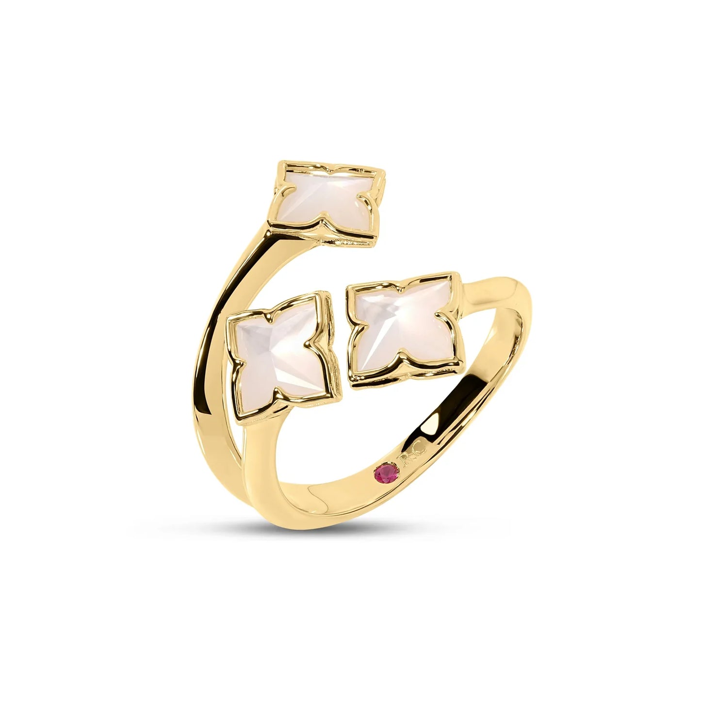 Introducing the Roberto Coin Venetian Princess Carnival 18K Yellow Gold Mother of Pearl Three Row Flower Ring: this exquisite ring by Roberto Coin features an open design adorned with three flower-shaped motifs crafted from luminous mother of pearl, each set in rich 18K yellow gold. The smooth band and intricate detailing echo the delicate beauty of the Venetian Princess collection, making it a sophisticated and charming addition to any jewelry collection.