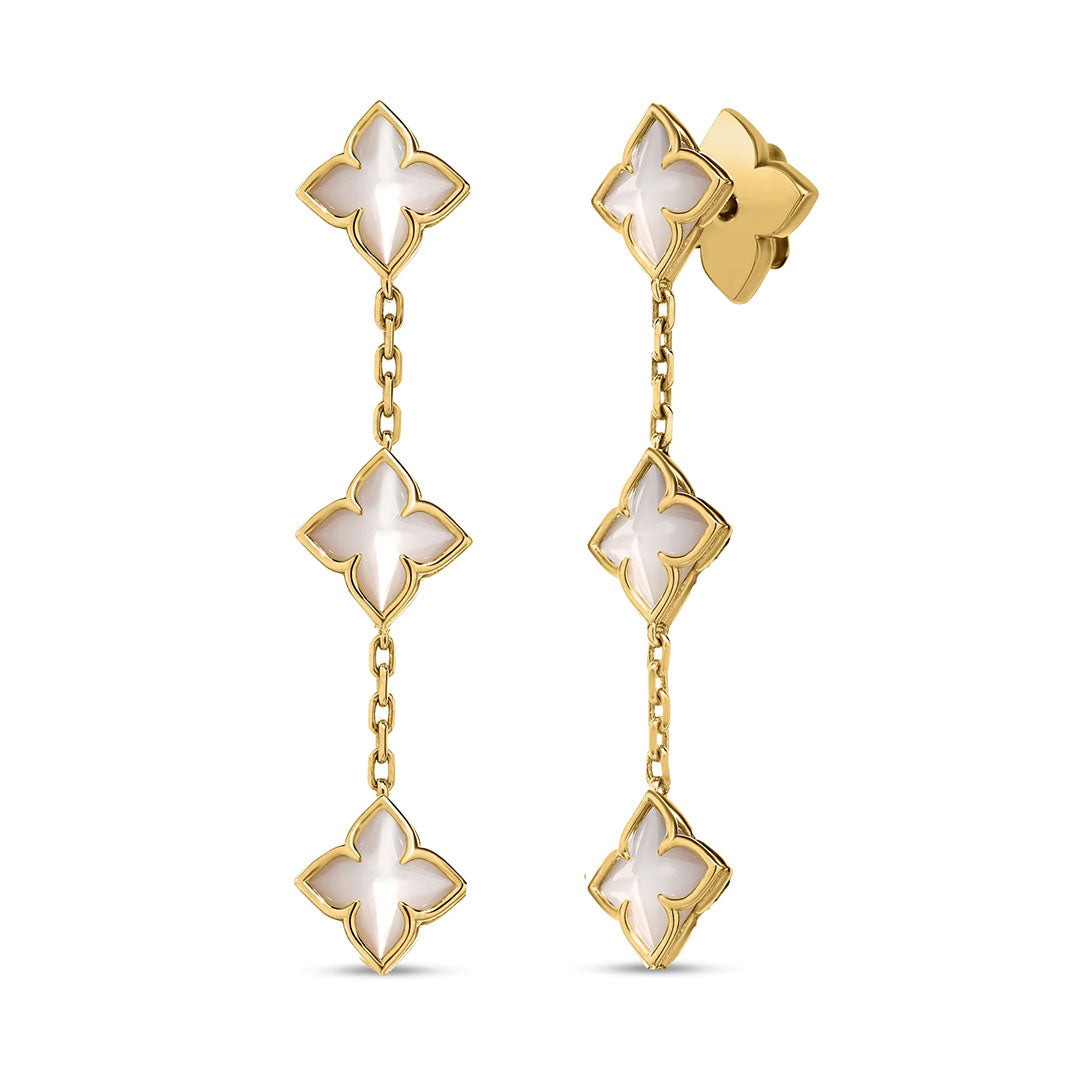 Roberto Coin Venetian Princess Carnival Mother of Pearl 18K Yellow Gold Flower Dangle Earrings feature luminous mother of pearl flowers set in yellow gold, lending elegance to any outfit.