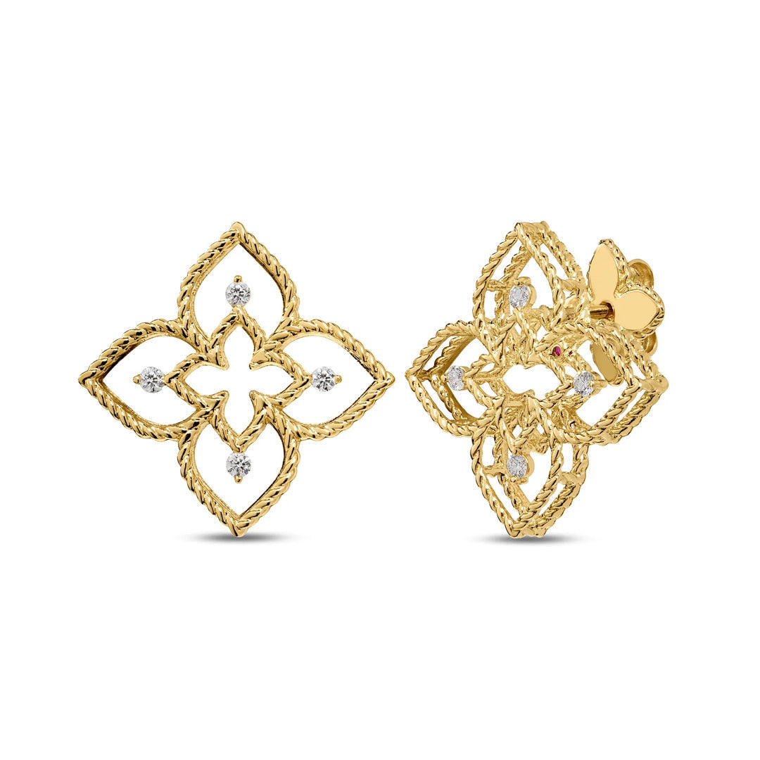 Roberto Coin Princess Flower 18K Yellow Gold Diamond Open Frame Stud Earrings are displayed against a white background, featuring an open petal design reminiscent of Princess Flower earrings with small diamond accents at the center and tips.