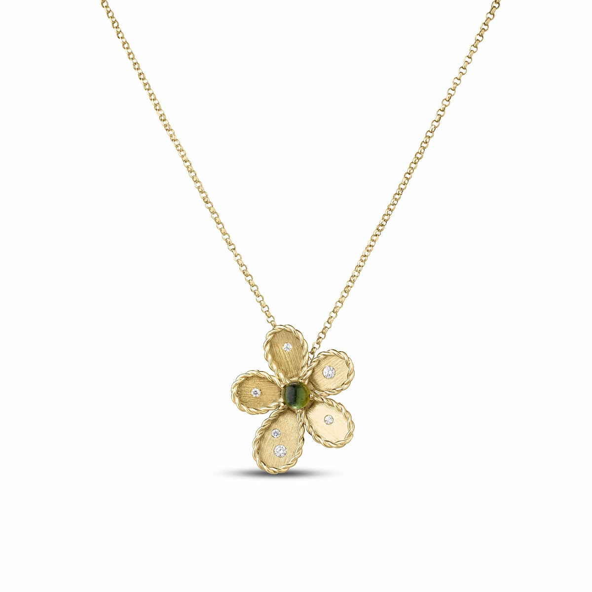 Roberto Coin Jasmine 18K Yellow Gold Green Tourmaline and Diamond Flower Necklace, featuring a five-petaled pendant with textured petals, diamond accents, and a central green gemstone.