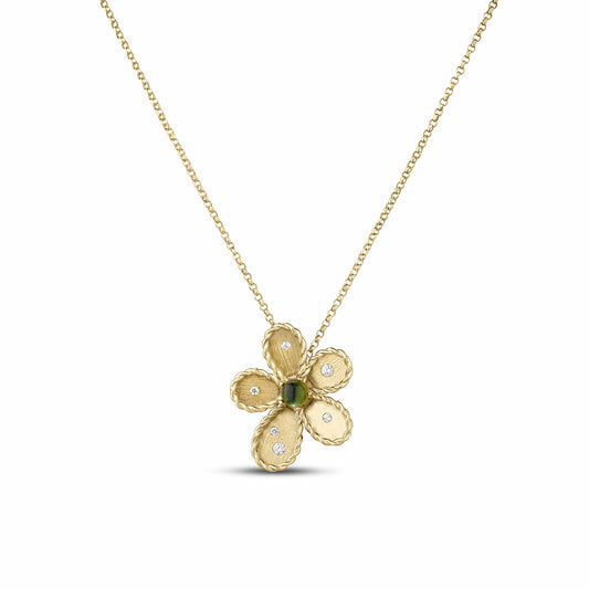 Roberto Coin Jasmine 18K Yellow Gold Green Tourmaline and Diamond Flower Necklace, featuring a five-petaled pendant with textured petals, diamond accents, and a central green gemstone.