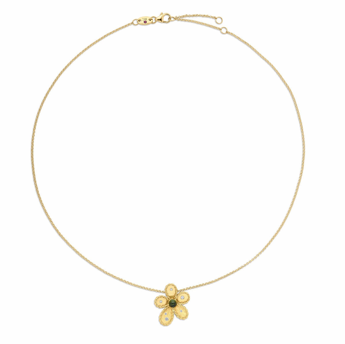 A Roberto Coin Jasmine 18K Yellow Gold Green Tourmaline and Diamond Flower Necklace, featuring a gold flower pendant with a green center stone and small diamond accents.