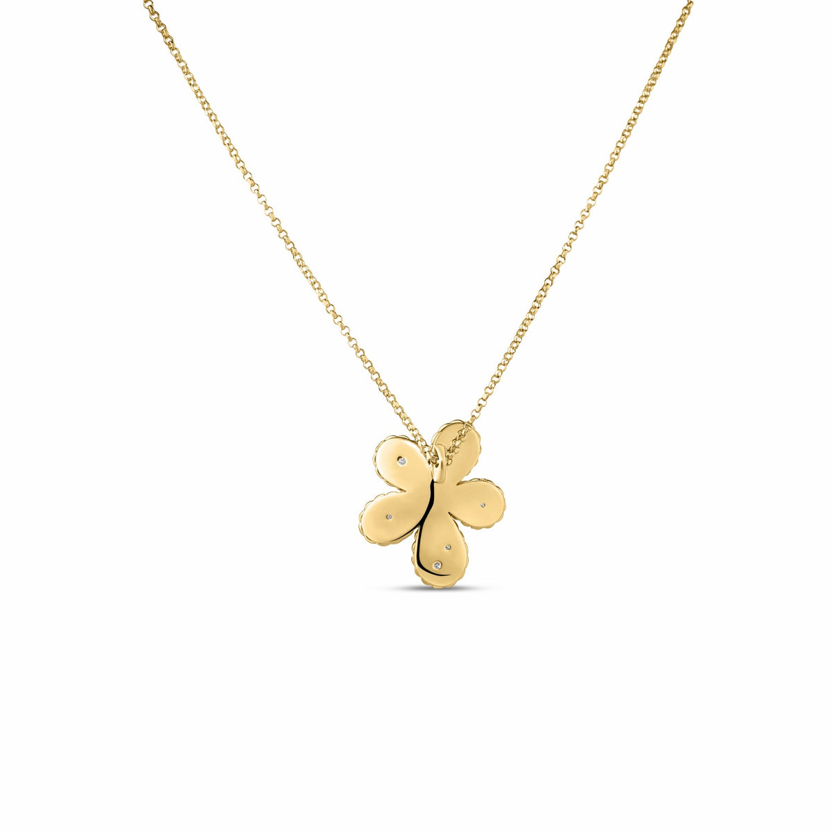Roberto Coin Jasmine 18K Yellow Gold Green Tourmaline and Diamond Flower Necklace featuring a flower-shaped pendant with small inlaid diamonds on a delicate chain.