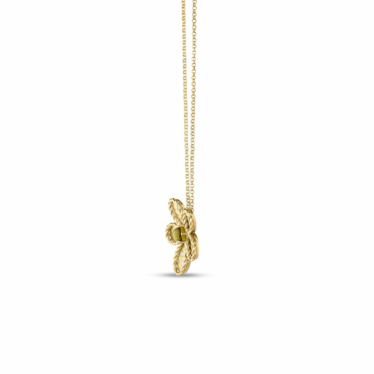 Roberto Coin Jasmine 18K Yellow Gold Green Tourmaline and Diamond Flower Necklace featuring a green tourmaline center and small diamonds on a delicate 18K yellow gold chain.