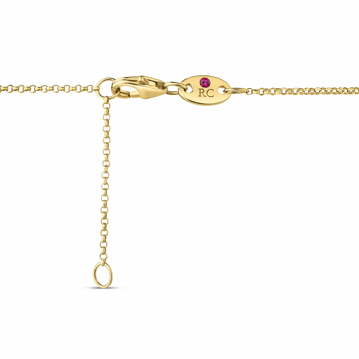 Roberto Coin Jasmine 18K Yellow Gold Green Tourmaline and Diamond Flower Necklace chain clasp featuring an oval Roberto Coin tag engraved with the letters RC and a small embedded pink gemstone.