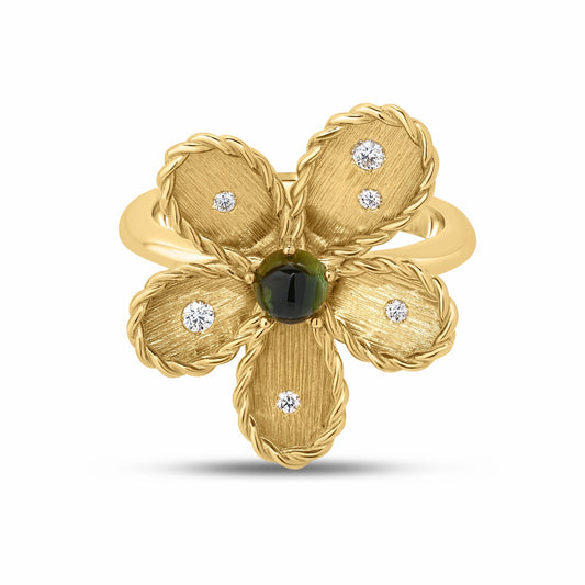 Roberto Coin Jasmine 18K Yellow Gold Green Tourmaline and Diamond Flower Ring featuring a dark green tourmaline cabochon center and small diamond accents on the gold petals.