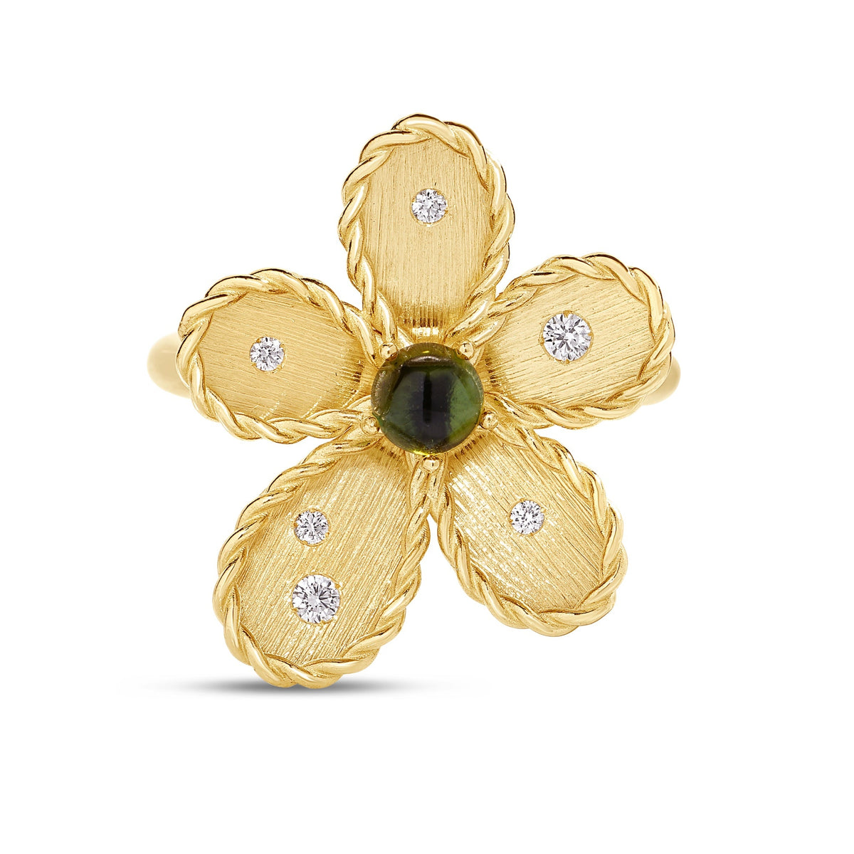Roberto Coin Jasmine 18K Yellow Gold Green Tourmaline and Diamond Flower Ring featuring a green tourmaline center and small inlaid diamonds on the petals.