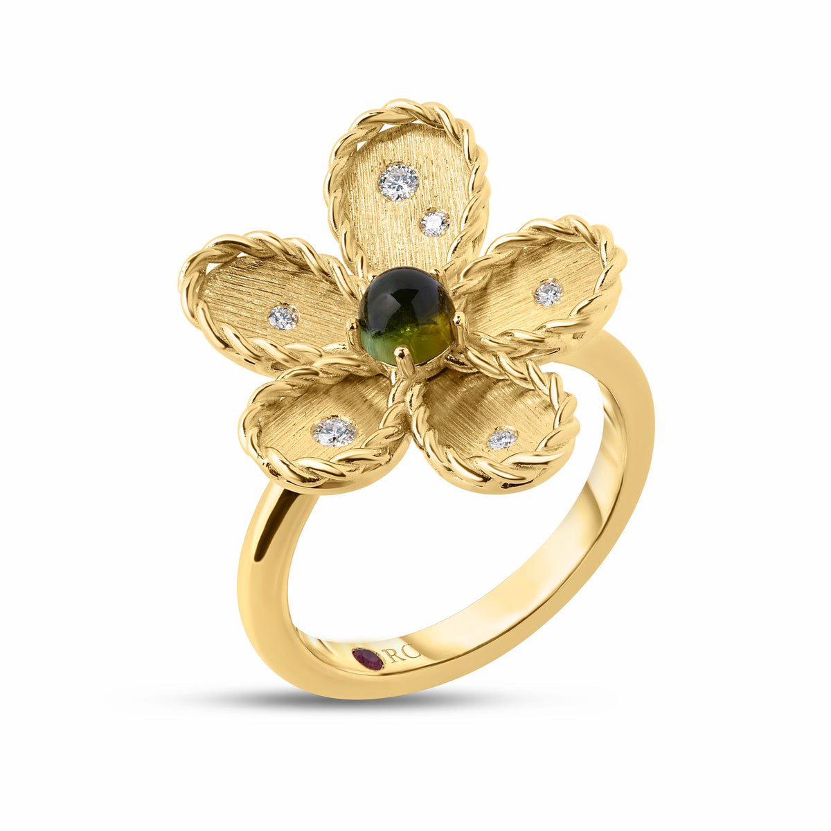 Roberto Coin Jasmine 18K Yellow Gold Green Tourmaline and Diamond Flower Ring featuring a green tourmaline center and diamonds set in the petals.
