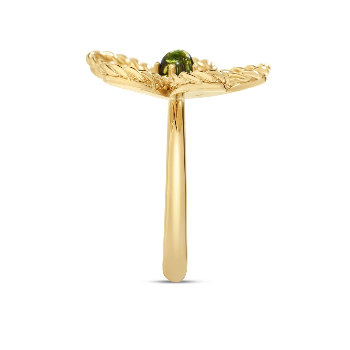 Roberto Coin Jasmine 18K Yellow Gold Green Tourmaline and Diamond Flower Ring in 18K yellow gold featuring a green tourmaline at the center and a smooth band.