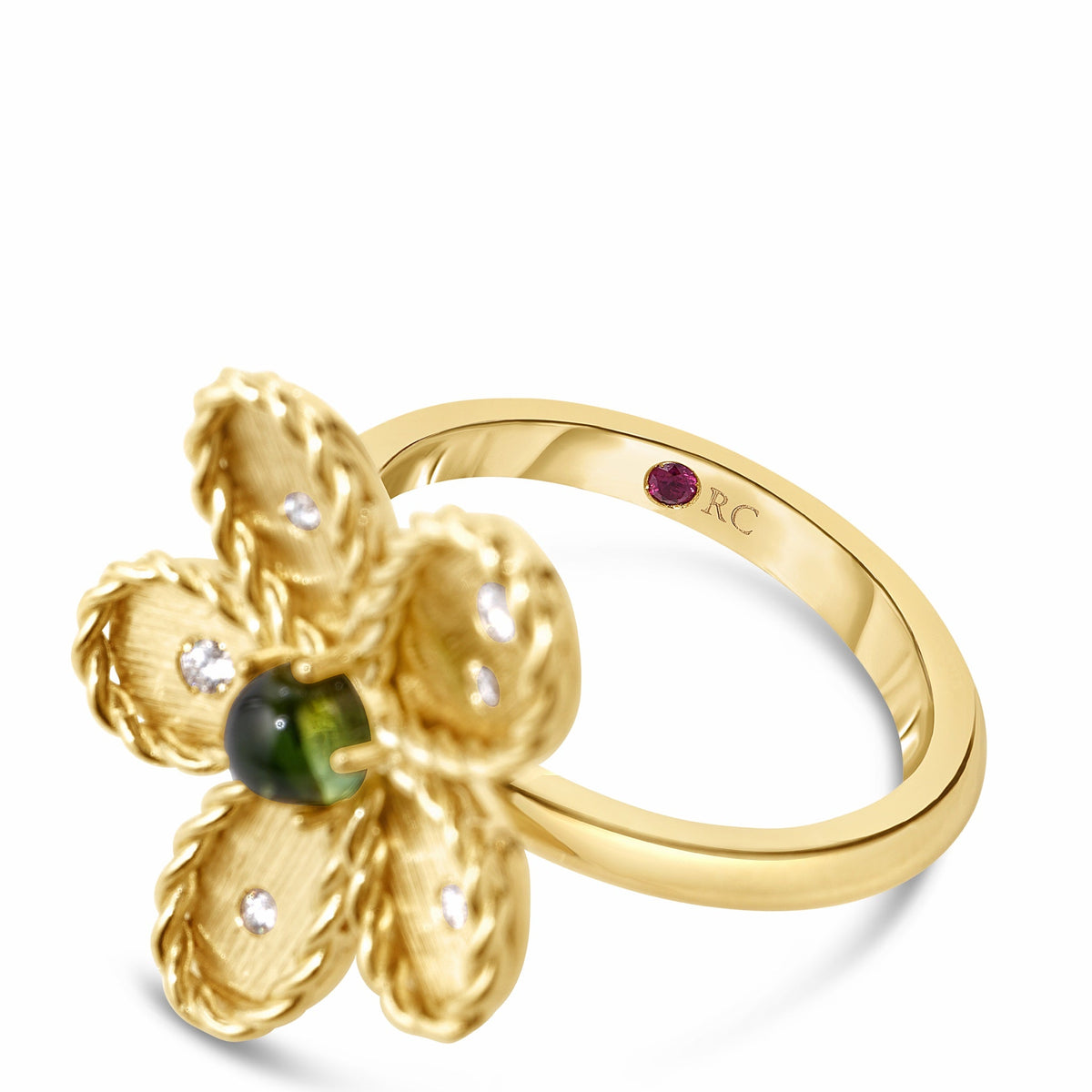 Roberto Coin Jasmine 18K Yellow Gold Green Tourmaline and Diamond Flower ring featuring a green tourmaline center, scattered diamonds on the petals, and a small ruby set into the band.