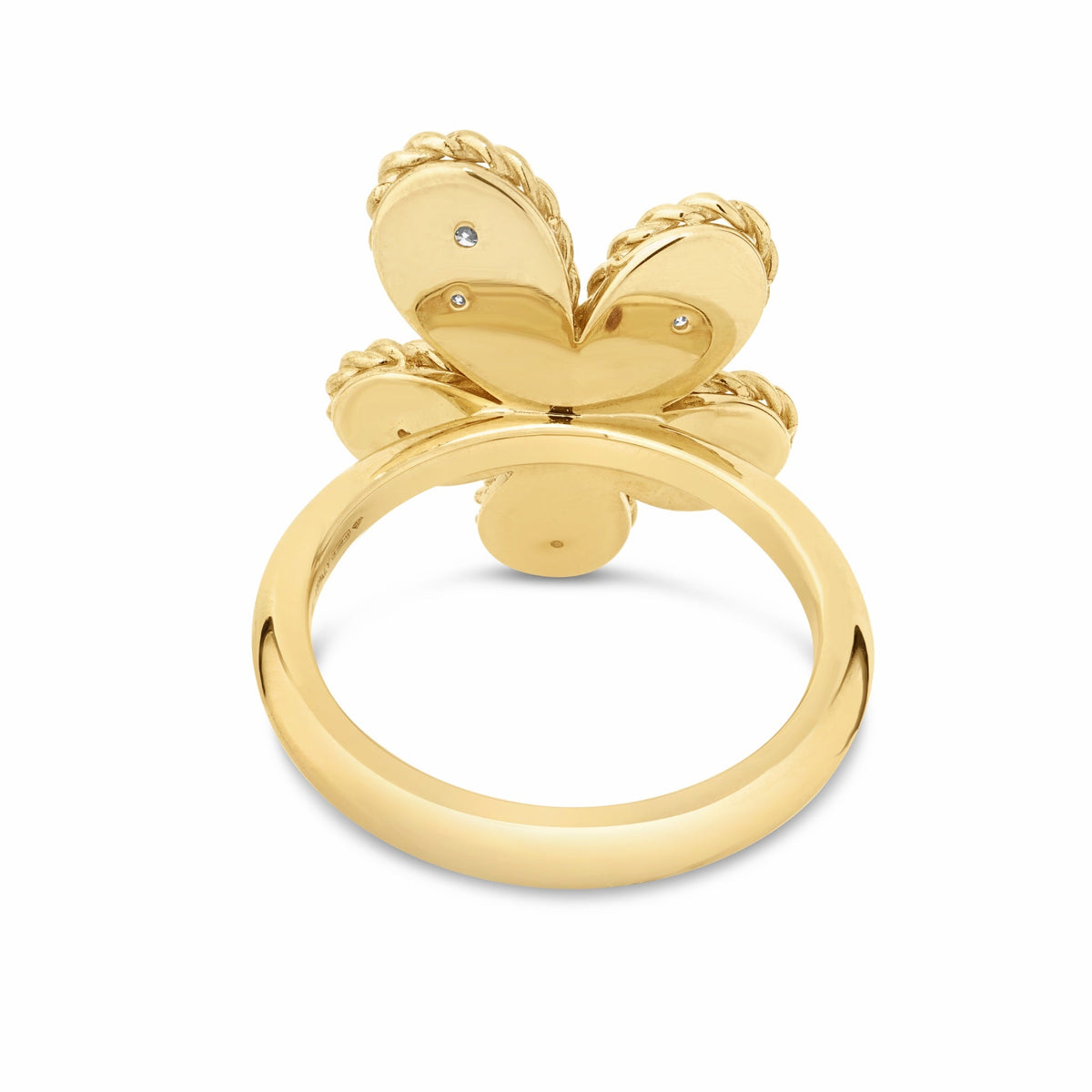 Roberto Coin Jasmine 18K Yellow Gold Green Tourmaline and Diamond Flower Ring featuring a four-petaled flower motif with small inset diamonds.