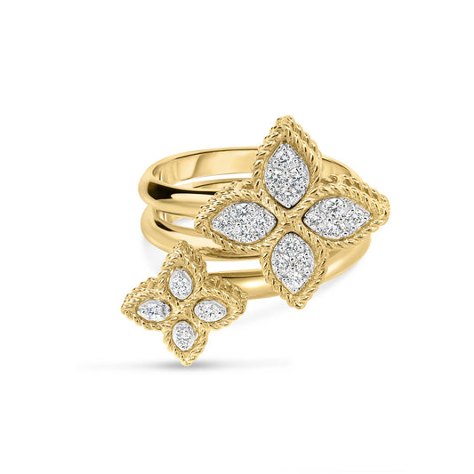 Roberto Coin Princess Flower 18K Yellow and White Gold Diamond Ring featuring two flower-shaped motifs embellished with pavé diamonds.