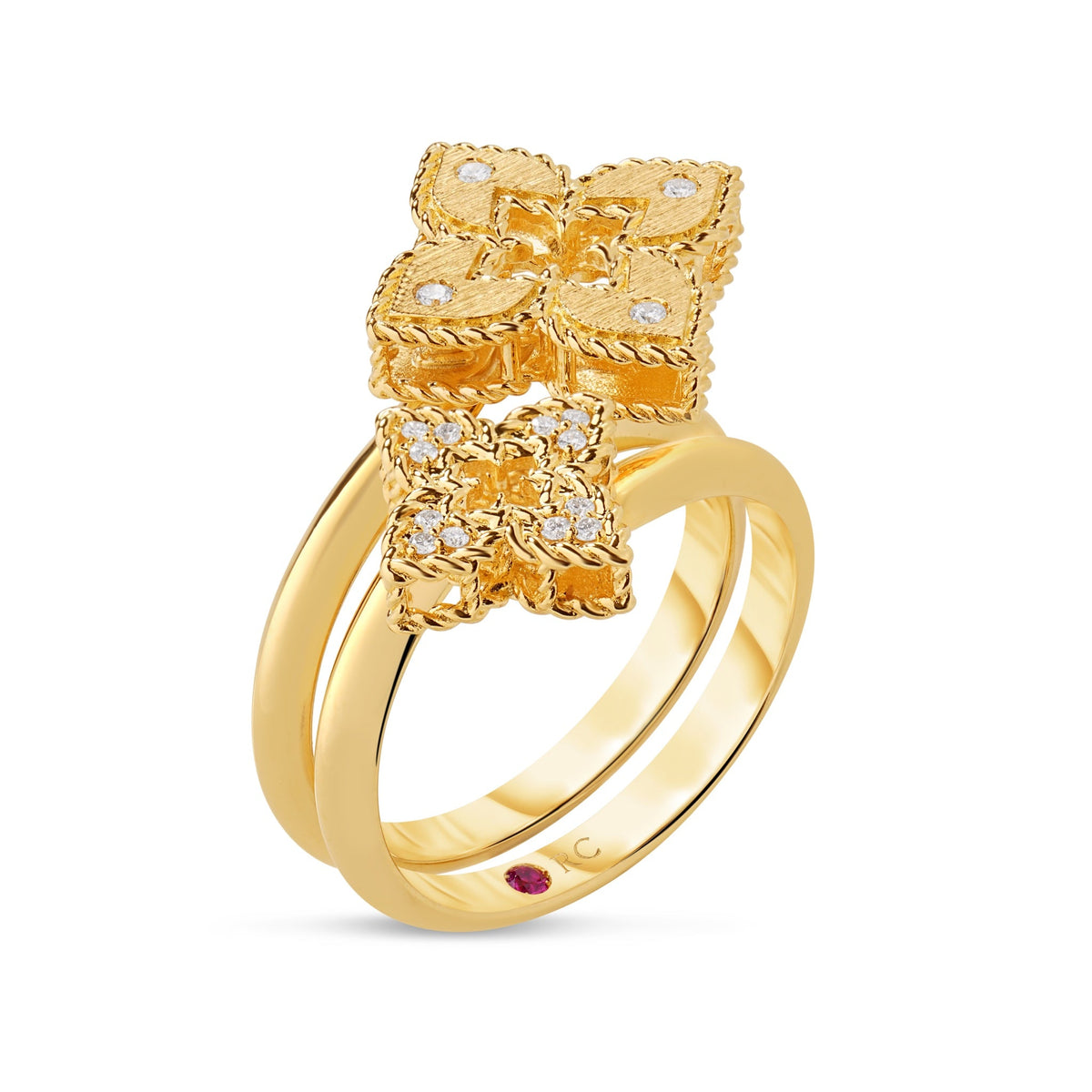 Roberto Coin Venetian Princess 18K Yellow Gold Diamond ring featuring two stacked flower-shaped motifs embellished with small diamonds, with a small ruby set inside the band.