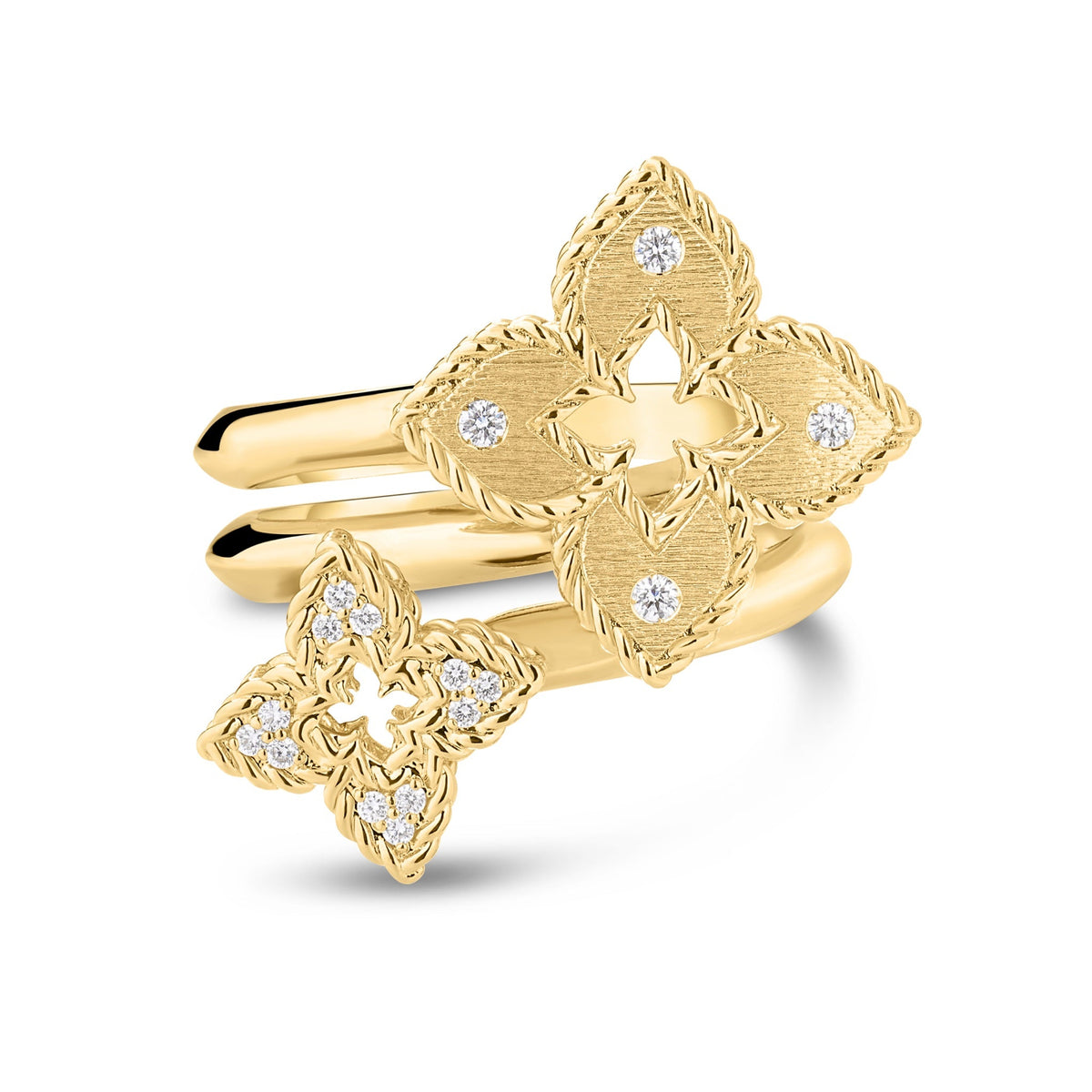 Roberto Coin Venetian Princess 18K Yellow Gold Diamond Ring featuring two quatrefoil-shaped motifs accented with small round diamonds.