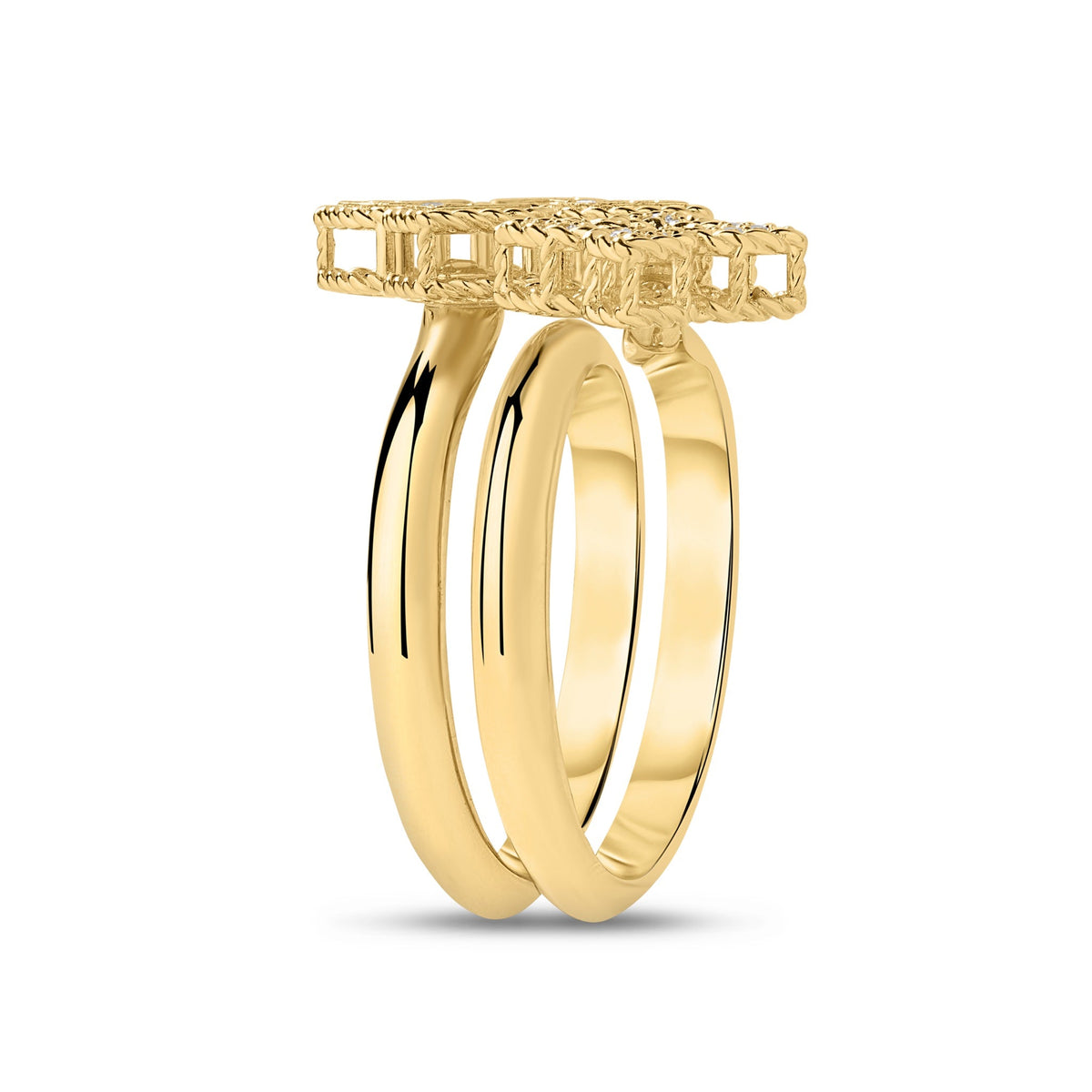 Roberto Coin Venetian Princess 18K Yellow Gold Diamond Ring featuring a double-band design with a flat, openwork floral motif top set with small diamonds.