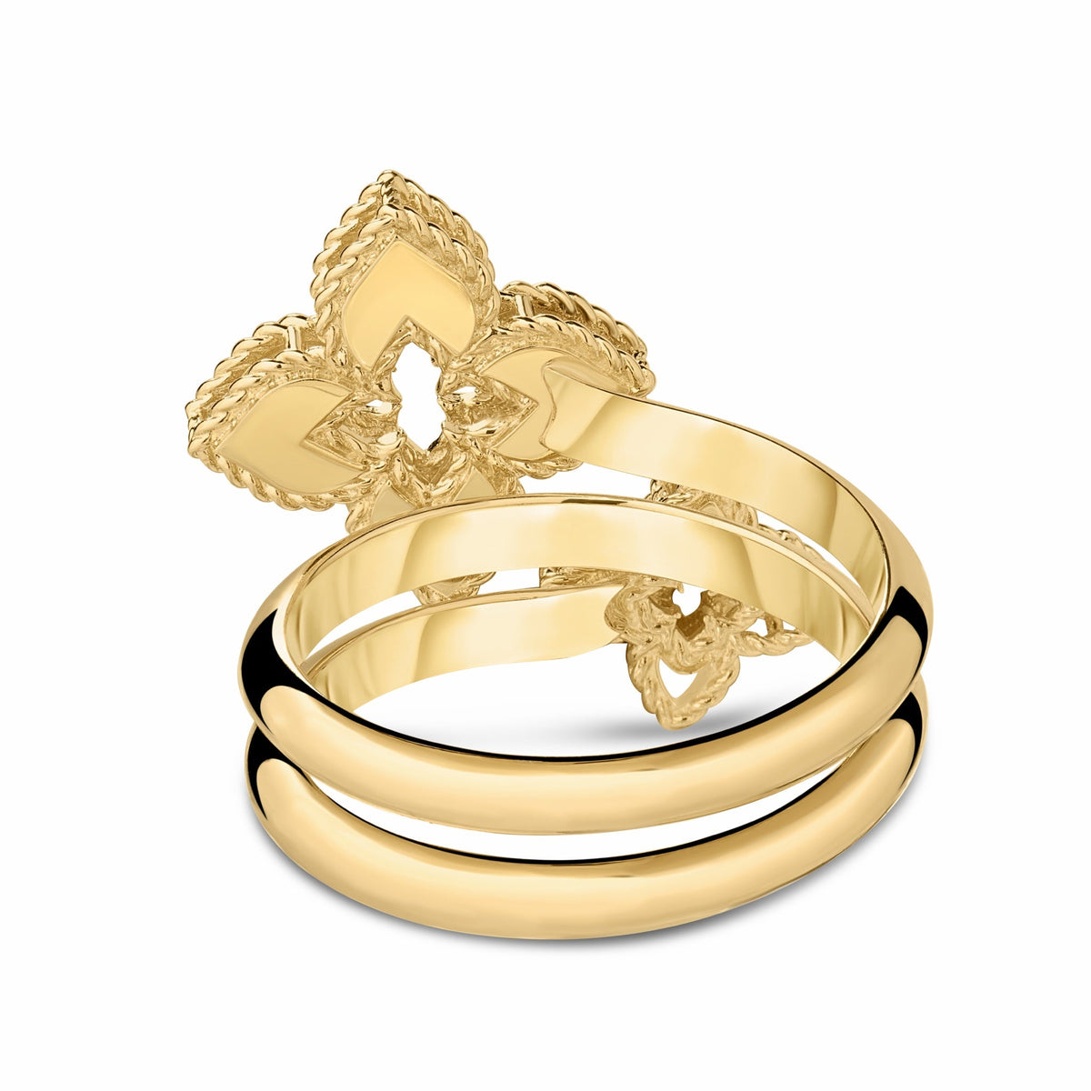 Roberto Coin Venetian Princess 18K Yellow Gold Diamond Ring featuring two smooth bands and a decorative, openwork floral motif.