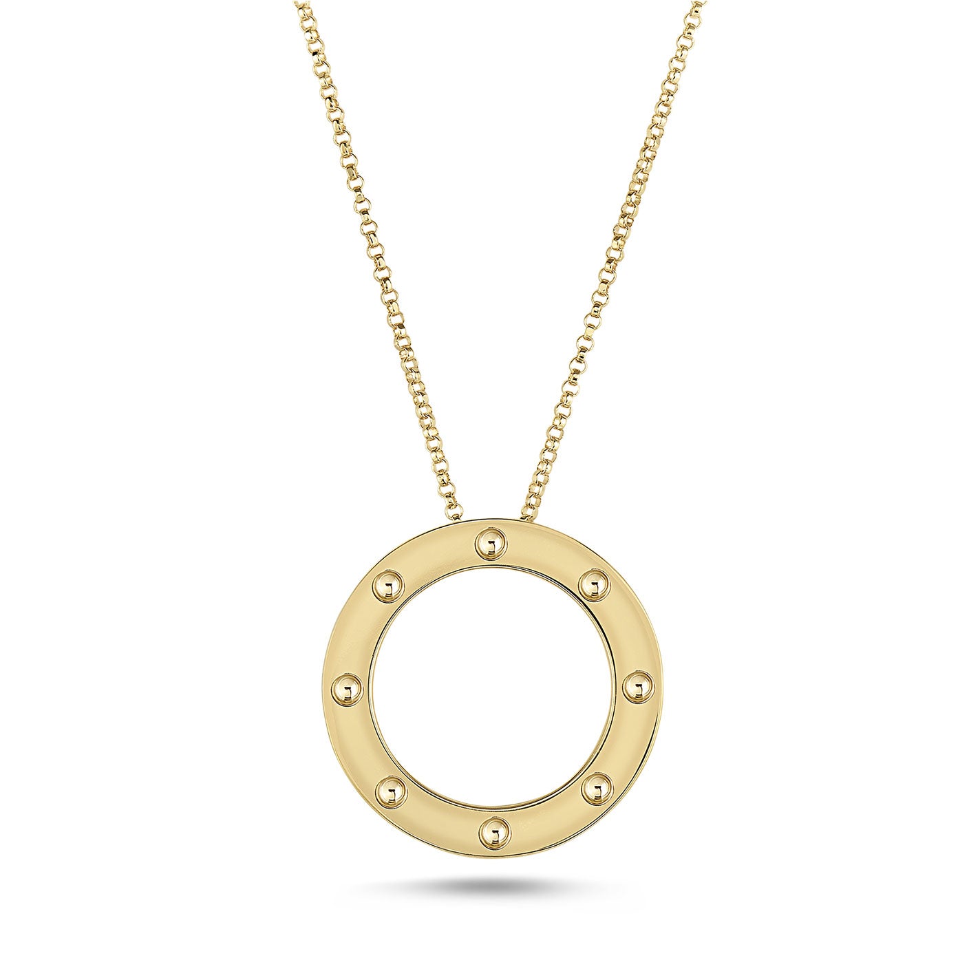 The Roberto Coin Pois Moi Circle Necklace is an exquisite piece from the renowned brand Roberto Coin, crafted from 18k yellow gold. It showcases a circular pendant with a smooth finish and small round studs artfully spaced around its edge, elegantly suspended from a delicate gold chain.