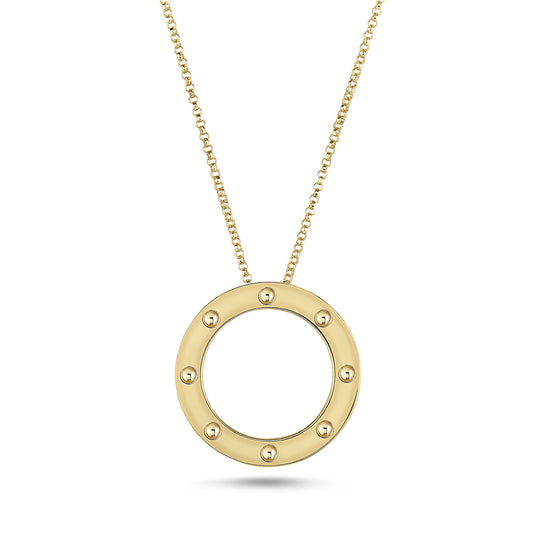 The Roberto Coin Pois Moi Circle Necklace is an exquisite piece from the renowned brand Roberto Coin, crafted from 18k yellow gold. It showcases a circular pendant with a smooth finish and small round studs artfully spaced around its edge, elegantly suspended from a delicate gold chain.