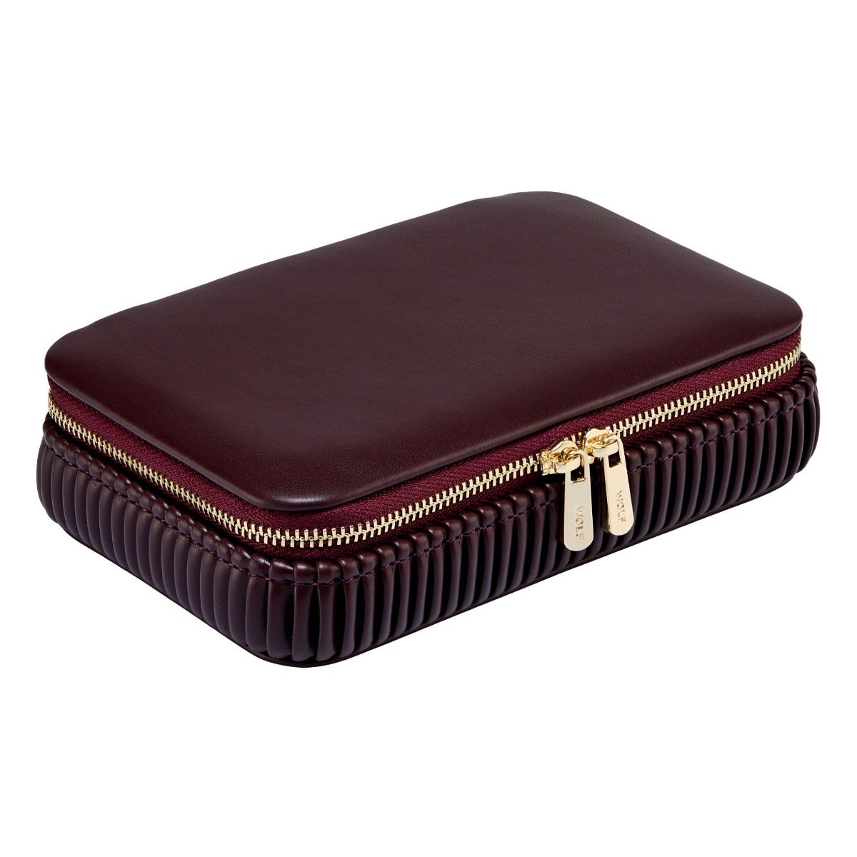 The WOLF 1834 Bella Zip Jewellery Case by WOLF is a rectangular, dark burgundy leather jewelry case featuring gold zipper pulls and textured ribbing on the sides, shown closed on a white background.