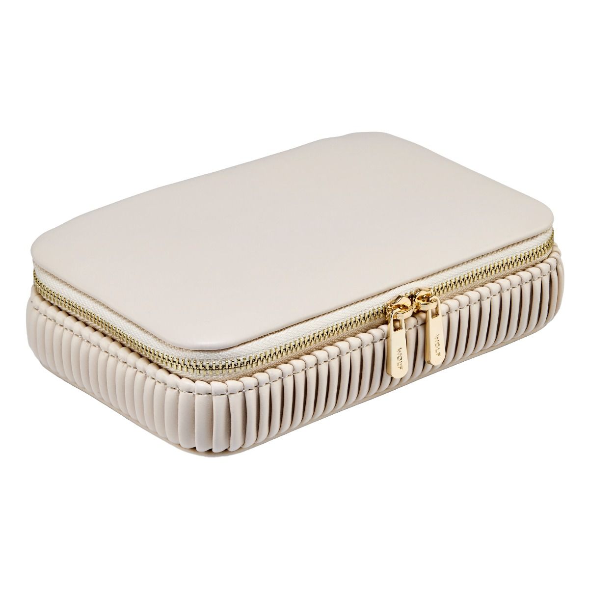 The WOLF 1834 Bella Zip Jewellery Case by WOLF is a rectangular, cream-colored vegan case with a textured ribbed base and gold zipper pulls, shown on a white background.