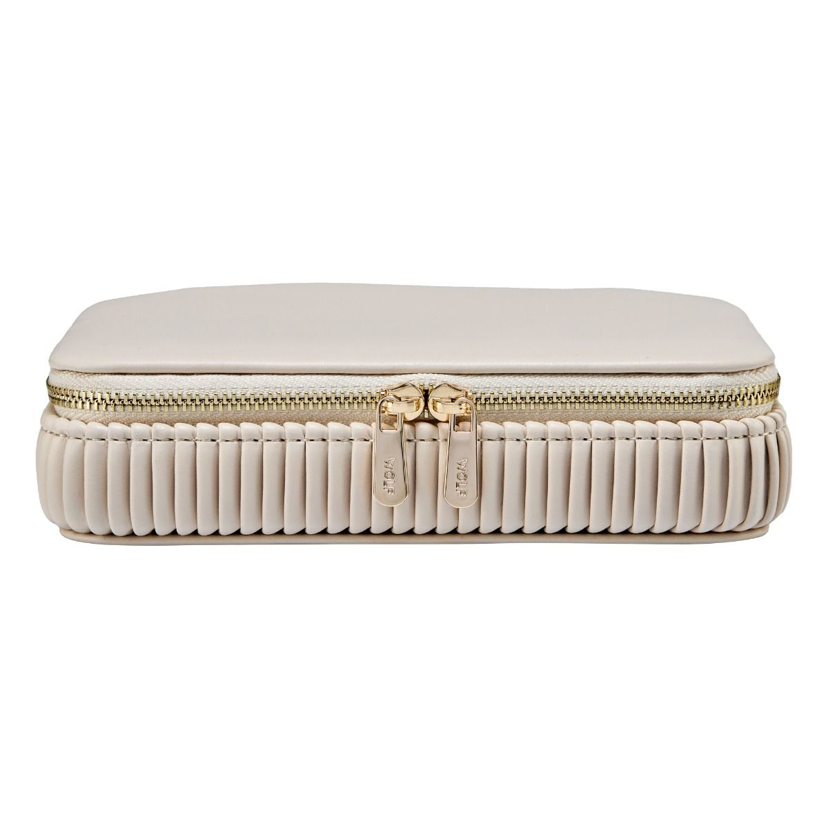 The WOLF 1834 Bella Zip Jewellery Case by WOLF is a rectangular, light beige vegan case with a textured pleated bottom and gold double zippers, shown closed against a white background.