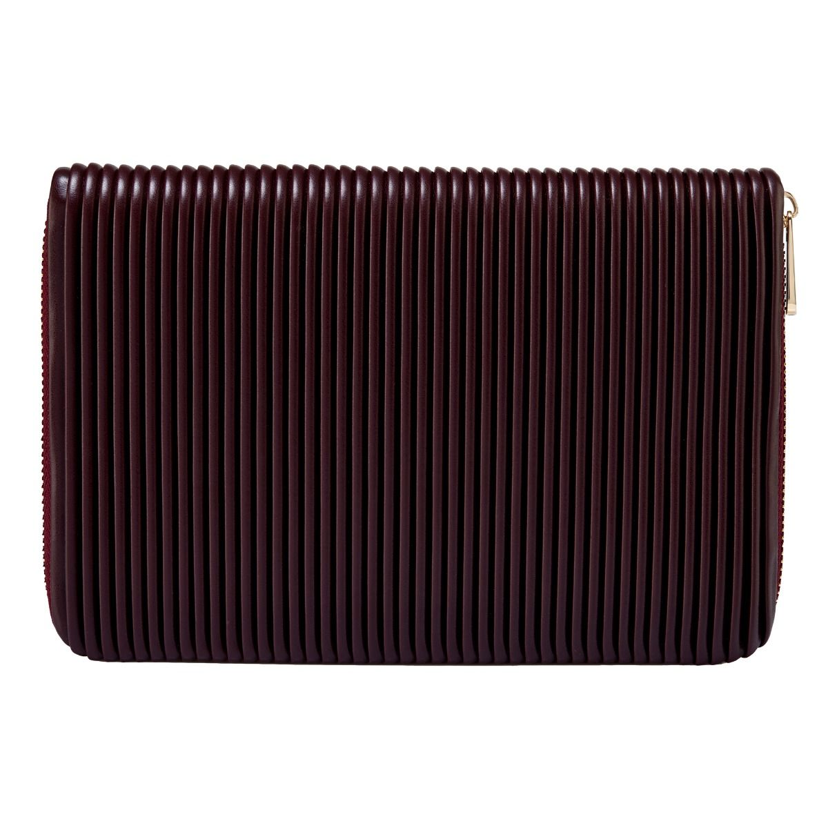 The WOLF 1834 Bella Jewellery Portfolio by WOLF is a rectangular, dark brown clutch with a vertical ribbed texture and a right-side zipper closure, perfect for organizing your jewelry during travel.