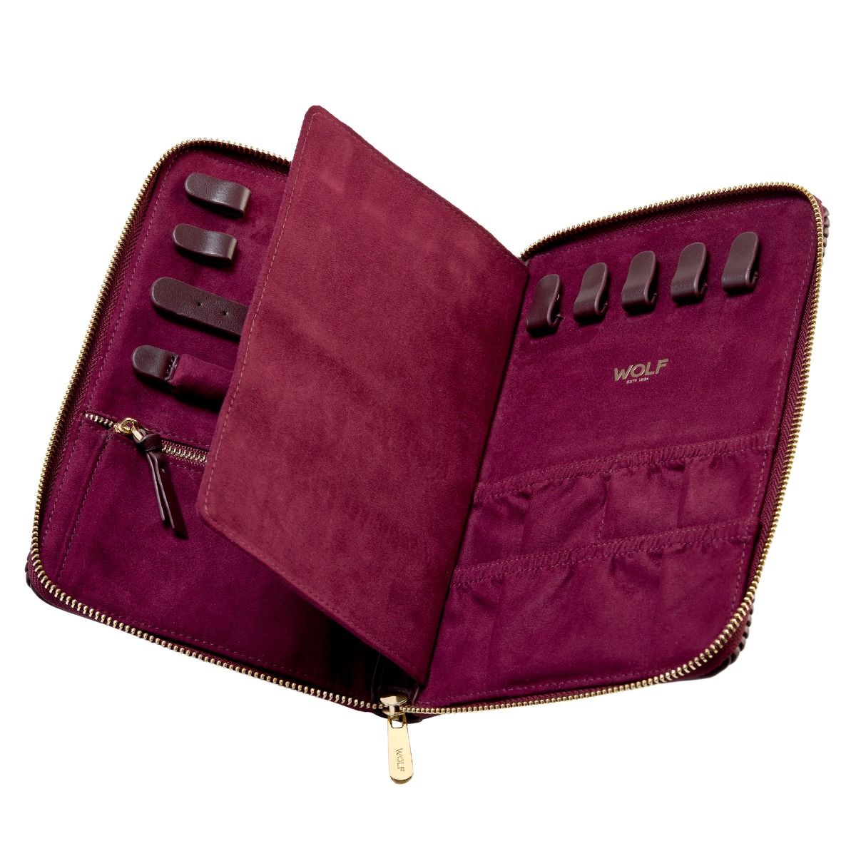 The WOLF 1834 Bella Jewellery Portfolio is an open burgundy leather organizer with a zipper, multiple watch holders, accessory compartments, a matching LusterLoc lining, and "WOLF" branding.