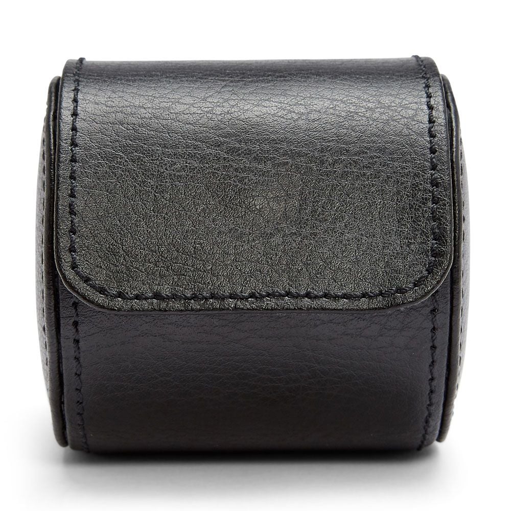 The WOLF 1834 British Racing Single Watch Roll by WOLF is a black vegan leather travel case with a flap cover, visible edge stitching, and a smooth finish, shown against a white background.